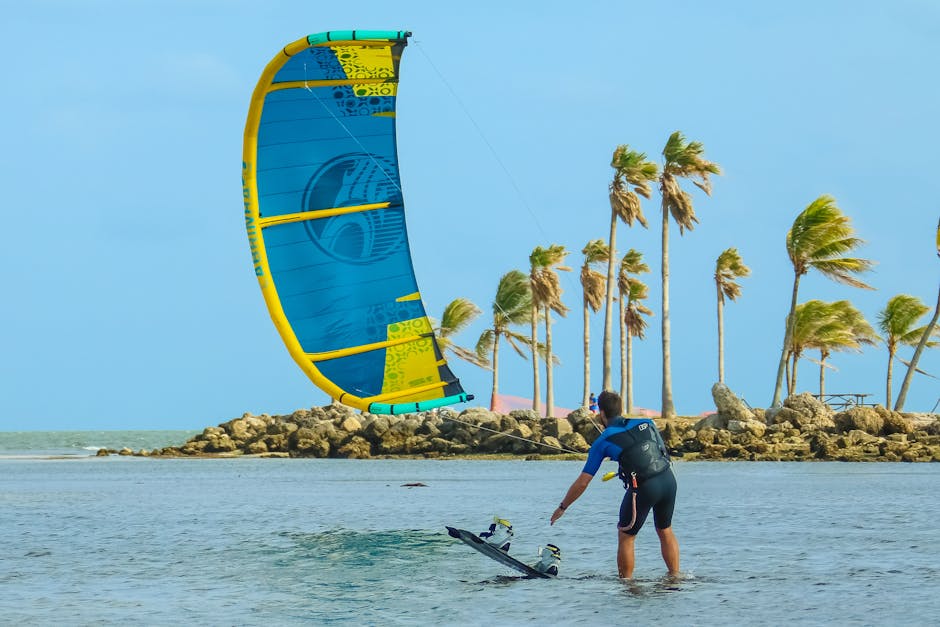 Man enjoying kiteboarding on a tropical beach with palm trees and clear blue water.