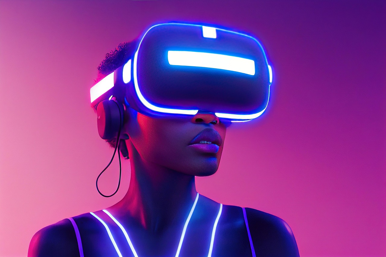 xr, mr, mixed reality, virtual reality, augmented reality, african american, female, metaverse, woman, lady, girl, black, america, pink, purple, blue, neon, lighting